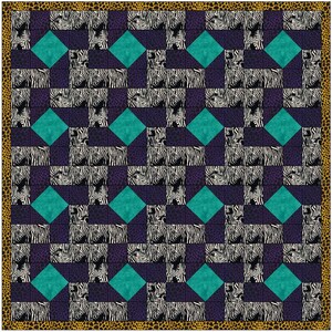 Könnte beinhalten: Eine Steppdecke mit einem geometrischen Muster aus türkisfarbenen und violetten Quadraten. Die Quadrate sind mit einem Zebra-Muster gefüllt.