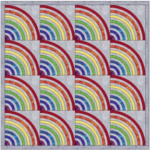 May include: A quilt block pattern with 12 rainbow-colored half-circles arranged in a grid pattern. The background is a light gray color.