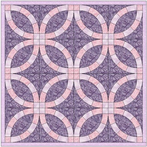 May include: A square quilt with a repeating pattern of interlocking circles. The circles are a light pink color and are set against a textured, dark purple background. The quilt has a light purple border.