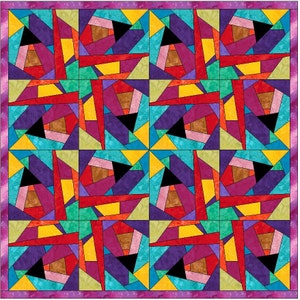May include: A colourful quilt block with a geometric design featuring a variety of shapes and colours, including red, yellow, blue, green, purple, pink, and brown.