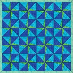 Puede incluir: Una colcha con un patrón repetitivo de triángulos azules, verdes y turquesa. La colcha está compuesta por muchos cuadrados más pequeños, cada uno con una disposición diferente de los triángulos.