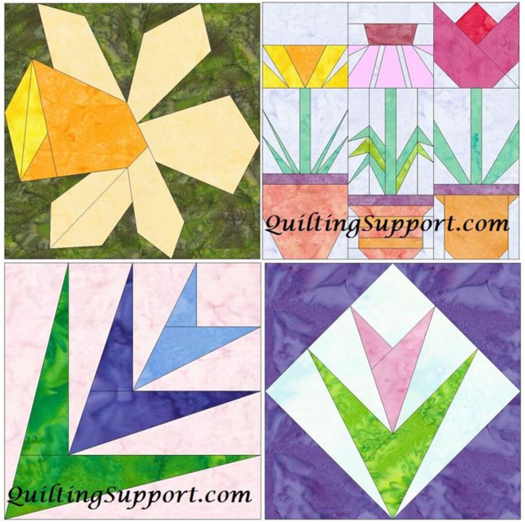 April Patterns Flower Quilt Set 2 Paper Foundation Piecing Quilting 4 Block Patterns ...