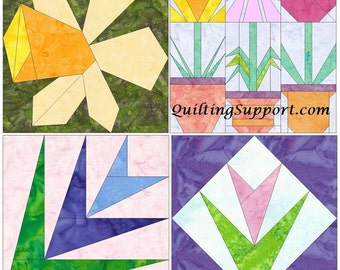 Flower Quilt Set 2 Paper Foundation Piecing Quilting 4 Block Patterns PDF