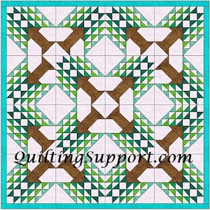 May include: A quilt block pattern with a brown, green, and teal color scheme. The pattern is made up of triangles and squares. The text "QuiltingSupport.com" is in the bottom center of the block.