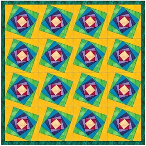 Może przedstawiać: Wzór bloku kołdry z powtarzającym się wzorem koncentrycznych kwadratów w odcieniach zieleni, błękitu, fioletu i czerwieni na żółtym tle. Kwadraty są ułożone po przekątnej.