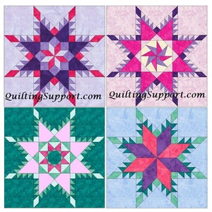 May include: Four different quilt blocks with a star design in the center. The blocks are in shades of pink, purple, green, and blue. The blocks are surrounded by a white border. The text "QuiltingSupport.com" is at the bottom of the image.
