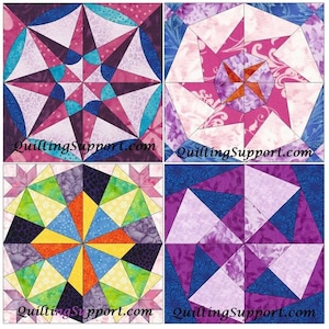 May include: Four different quilt block designs featuring a variety of colors and patterns. The blocks are all square and feature a starburst design in the center. The colors include pink, purple, blue, green, yellow, and orange. The blocks are all surrounded by a white border. The text "QuiltingSupport.com" appears at the bottom of each block.