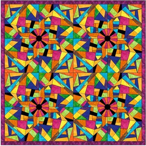 May include: A colorful geometric quilt with a repeating pattern of triangles and squares. The quilt is made up of various shades of blue, green, yellow, orange, red, and purple. The center of each square features a black circle with radiating lines.