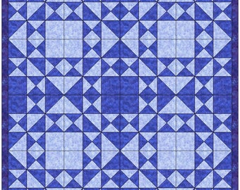 May include: A quilt pattern with a repeating design of white and blue triangles. The quilt is made up of a grid of squares, with each square containing a different arrangement of the triangles.