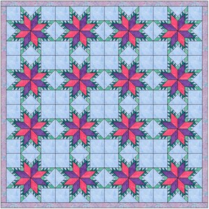 May include: A quilt pattern with a repeating design of pink, purple, and green stars on a light blue background.