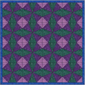 Puede incluir: Una colcha con un patrón geométrico de triángulos morados, verdes y rosas. La colcha está bordeada con una tela azul.