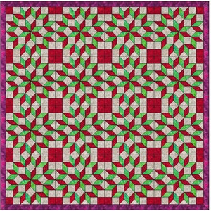 May include: A quilt with a repeating pattern of red, green, and white stars. The quilt is made up of squares with a grid pattern.