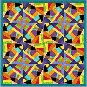 May include: A colorful quilt with a geometric design. The quilt features a repeating pattern of angled shapes in various colors, including orange, purple, green, yellow, and blue. The quilt is bordered with a teal blue fabric.