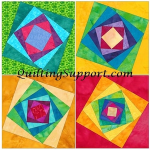 Zestaw kołder Tilted Log Cabin 1, podstawa z papieru, pikowanie, 4 wzory bloków PDF