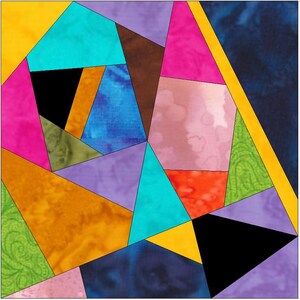 May include: A colourful abstract quilt block with geometric shapes in shades of blue, green, yellow, orange, pink, purple, brown and black.