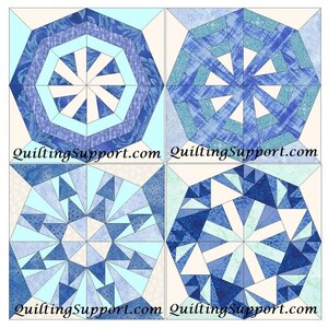 May include: Four different quilt block patterns in shades of blue, white, and light blue. Each block features a snowflake design with a central starburst.