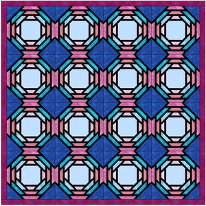 May include: A quilt pattern with a repeating design of octagons and squares. The octagons are made up of alternating pink, blue, and light blue stripes. The squares are a solid blue color. The quilt is bordered with a dark pink border.