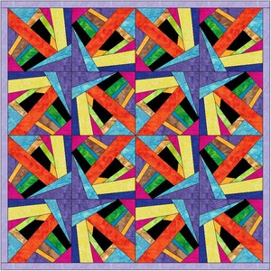 May include: A colorful quilt block with a geometric design featuring intersecting lines and shapes in shades of blue, yellow, orange, green, brown, black, and pink.