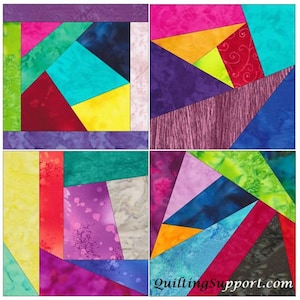 May include: Four colourful quilt blocks with geometric patterns in shades of purple, pink, red, yellow, green, blue, and grey. QuiltingSupport.com is printed in the bottom right corner.