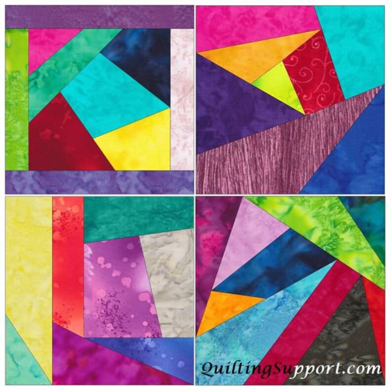 K&ouml;nnte beinhalten: Vier bunte Quiltbl&ouml;cke mit geometrischen Mustern in den Farben Lila, Rosa, Rot, Gelb, Gr&uuml;n, Blau und Grau. QuiltingSupport.com ist in der rechten unteren Ecke gedruckt.