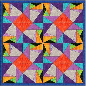 Può includere: Una colorata trapunta con un motivo geometrico. Il design presenta quadrati e triangoli nei toni dell'arancione, del viola, del verde acqua e del grigio, con un bordo blu scuro. L'intricato patchwork della trapunta crea un tessuto visivamente accattivante.