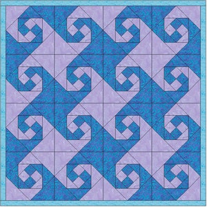 Może przedstawiać: Wzór bloku kołdry z powtarzającym się wzorem kwadratów i rombów. Kwadraty są niebieskie z białym wzorem rombów wewnątrz, a romby są białe z niebieskim wzorem rombów wewnątrz. Tło jest jasnofioletowe z niebieskim wzorem kwiatowym.