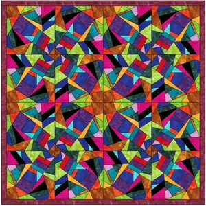 Könnte beinhalten: Ein farbenfroher Quilt mit einem geometrischen Muster aus Dreiecken und Quadraten in Blautönen, Grün, Rot, Orange, Rosa und Braun.