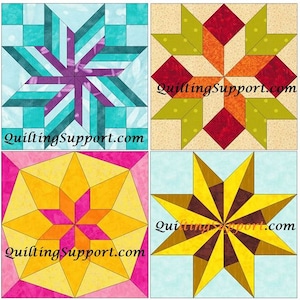 May include: Four different quilt block patterns with a star theme. The blocks are made with a variety of fabrics in shades of yellow, orange, red, brown, purple, teal, and pink. The blocks are all set against a light blue background. The text "quiltingSupport.com" appears in the bottom corner of each block.