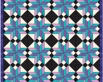May include: A quilt pattern with a repeating design of teal, purple, and white stars on a black and white background. The quilt is bordered in a dark blue fabric.