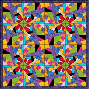 Könnte beinhalten: Ein farbenfroher Quilt mit geometrischem Muster. Der Quilt besteht aus Quadraten und Dreiecken in den Farben Gelb, Orange, Rot, Rosa, Grün, Blau, Lila, Braun, Schwarz und Weiß.