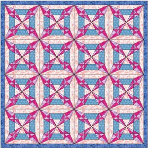 May include: A quilt pattern with a repeating design of pink, blue, and white triangles. The quilt is framed with a blue border.