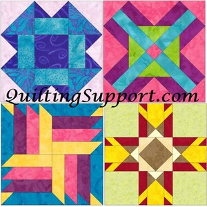 May include: Four different quilt block patterns with a variety of colours and designs. The blocks are made with fabric in shades of pink, purple, yellow, blue, green, red, brown, and white. The blocks are arranged in a grid pattern. The text "QuiltingSupport.com" is visible at the bottom of the image.