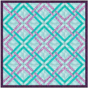 May include: A quilt with a geometric pattern of teal and purple squares and diamonds. The quilt is framed with a dark purple border.