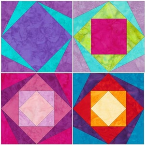 Może przedstawiać: Cztery kolorowe bloki patchworkowe z kwadratem w środku. Bloki są wykonane z różnych tkanin w odcieniach fioletu, różu, czerwieni, błękitu, zieleni i żółci. Kwadraty w środku są również w różnych kolorach i otoczone są wzorem trójkątów.