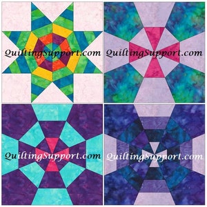 Puede incluir: Cuatro bloques de edredón coloridos con diseños geométricos de estrellas y cruces. Cada bloque presenta una paleta de colores única, que incluye verde, azul, morado y rosa, con el texto "QuiltingSupport.com" en negro.