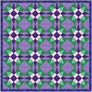 May include: A quilt block pattern with a repeating design of purple, green, and white triangles and squares. The quilt block is made up of 16 smaller squares.