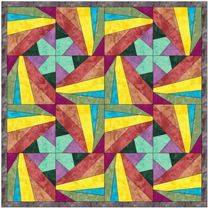 Könnte beinhalten: Ein Quiltblock mit einem geometrischen Muster aus gelben, roten, blauen, grünen und violetten Dreiecken. Der Quiltblock besteht aus neun kleineren Quadraten.