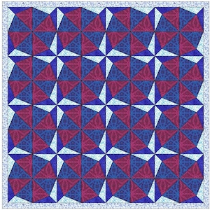 Puede incluir: Un patrón de colcha con un diseño geométrico repetitivo. La colcha está hecha de triángulos azules, blancos y rosas. Los triángulos están dispuestos de manera que crean un efecto de estrella.