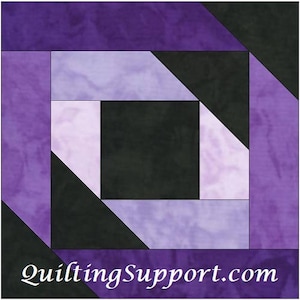 May include: A purple, black, and lavender quilt block with a geometric design. The block is made up of squares and triangles. The text "quiltingSupport.com" is in the bottom center of the block.