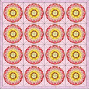 Peut inclure: Un bloc de courtepointe avec 16 motifs circulaires. Chaque cercle est de couleur rose, jaune et orange avec un motif géométrique. Le fond est rose clair.