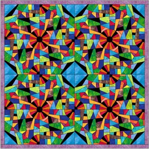 May include: A colorful quilt with a geometric pattern of squares, triangles, and circles. The quilt is made up of various shades of blue, green, red, orange, yellow, and black.