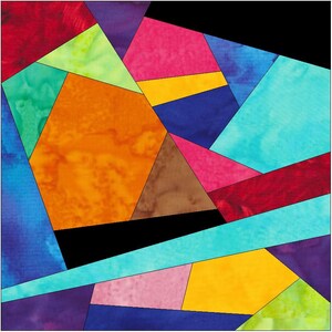 May include: Abstract quilt block with geometric shapes in shades of orange, red, blue, green, yellow, pink, brown, and black.