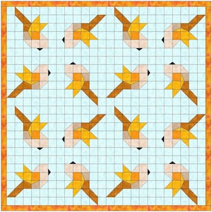 Könnte beinhalten: Ein Quiltblockmuster mit einem sich wiederholenden Muster aus orangefarbenen, braunen und weißen Sternen auf hellblauem Hintergrund. Der Block ist mit einer orangefarbenen Umrandung versehen.