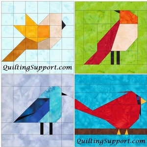 May include: Four different bird quilt blocks, each with a different color scheme and design. The top left block is a yellow bird with a brown tail, the top right block is a red bird with a white belly, the bottom left block is a blue bird with a black tail, and the bottom right block is a red bird with a yellow beak. Each block is on a different colored background.
