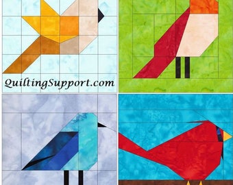 Birds Quilt - 10 Inch Bird Set 1 Paper Foundation Piecing Quilting 4 Block Patterns PDF