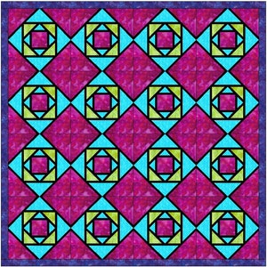 May include: A quilt pattern featuring a repeating design of squares and triangles. The squares are a deep pink colour, the triangles are a light blue colour, and the squares within the squares are a light green colour. The quilt is edged with a dark purple border.