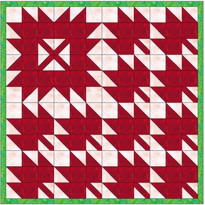 Puede incluir: Un bloque de colcha rojo y blanco con un patrón geométrico. El bloque está formado por triángulos y cuadrados, y el patrón se repite en todo el bloque.