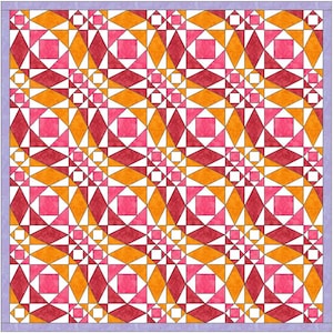 Peut inclure: Un motif de courtepointe avec un motif géométrique répétitif. Le motif présente des carrés, des triangles et des losanges dans des tons d'orange, de rose et de rouge. La courtepointe est bordée d'un tissu violet clair.
