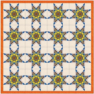 May include: A quilt pattern with a repeating design of blue, yellow, green, and brown stars on a white background. The quilt is bordered with a solid orange fabric.