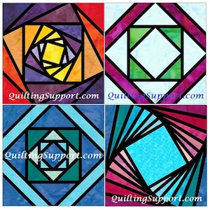 Stained Glass Log Cabin Quilt Set 1 Paper Foundation Piecing Quilting 4 Block Patterns PDF